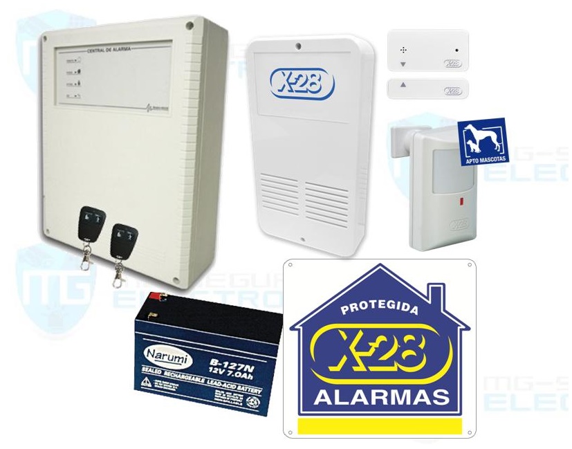 Central, 2 controles remotos, batería, sirena para exterior, sensor de movimiento apto mascotas inalámbrico y sensor magnético inalámbrico.